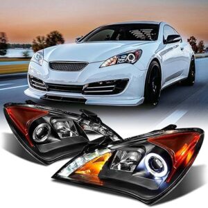 AKKON - For 2010-2012 Genesis Coupe 2Doors Black Bezel Dual Halo DRL Daylight LED Strip Projector Headlights Replacement
