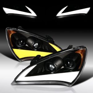 AUTOZENSATION Compatible with 2010-2012 Hyundai Genesis Coupe, Left + Right Pair Headlamps Assembly, Black LED Light Bar Projector Headlights...