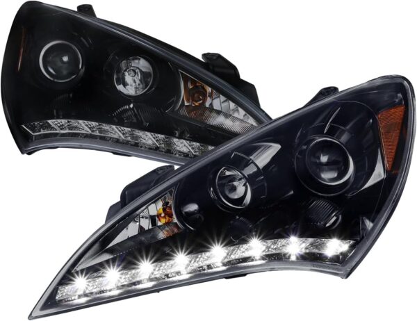 Spec-D Tuning Projector Smoke Lens Glossy Black Housing Headlights R8 Style LED Compatible with 2010-2012 Hyundai Genesis 2-Door Coupe, Left +...