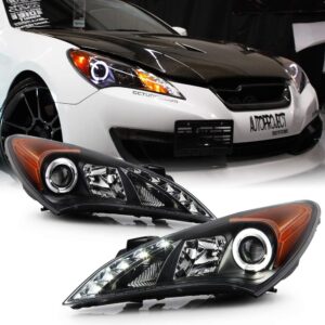 ACANII - For 2010-2012 Hyunda Genesis Coupe LED Halo Black Housing Projector Headlight Headlamp, Driver & Passenge Side
